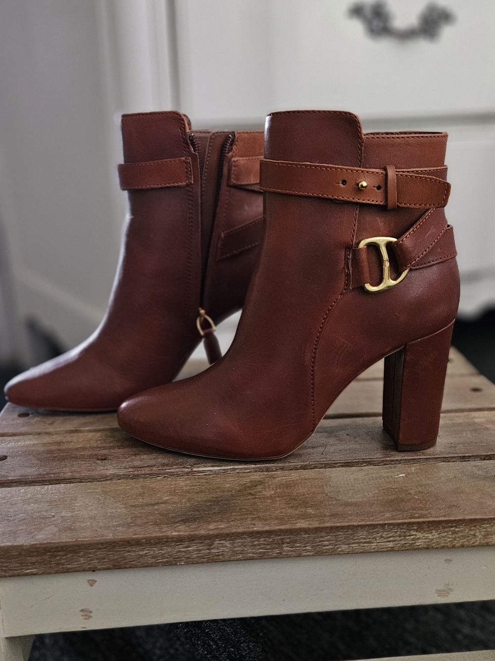 Lauren Ralph Lauren Chestnut Brown Leather Ankle Heeled Boots